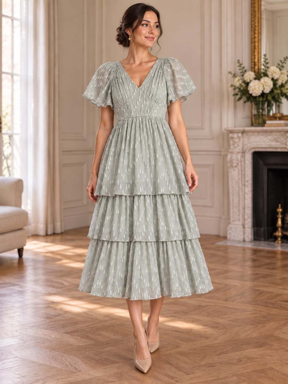 Böhme Sage Green Tiered Maxi Dress Flutter Sleeve Textured Boho Size S